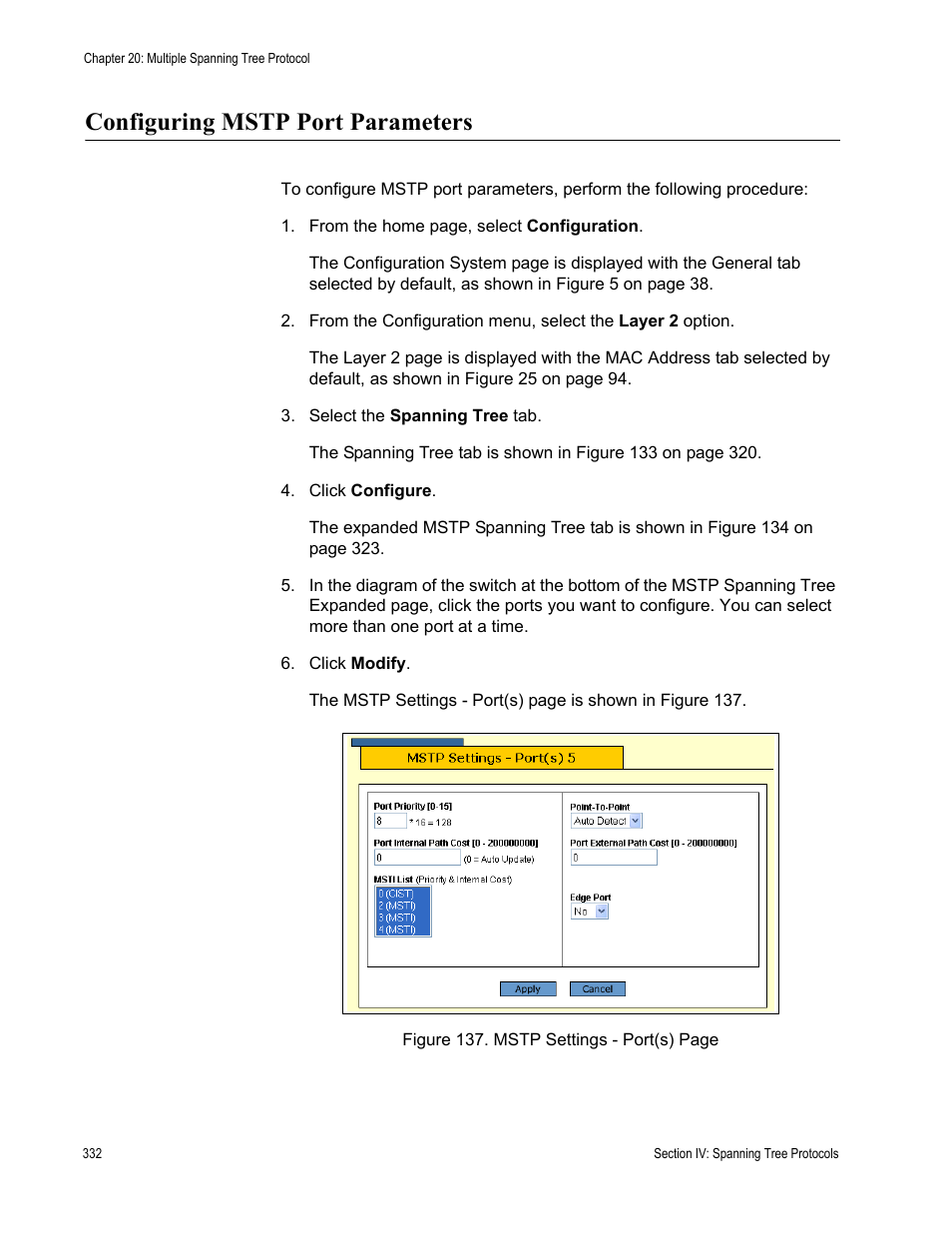 Configuring mstp port parameters | Allied Telesis AT-S63 User Manual | Page 332 / 462