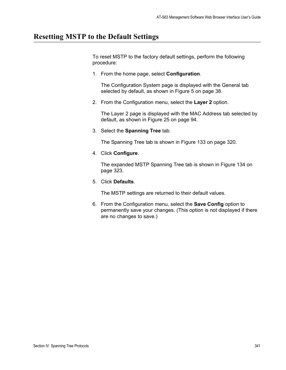 Resetting mstp to the default settings | Allied Telesis AT-S63 User Manual | Page 341 / 462