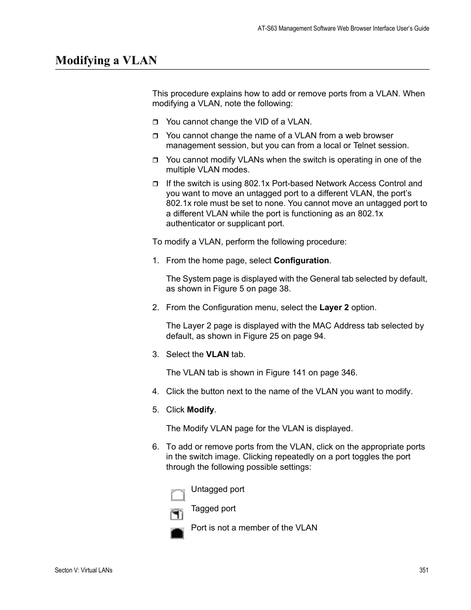 Modifying a vlan | Allied Telesis AT-S63 User Manual | Page 351 / 462