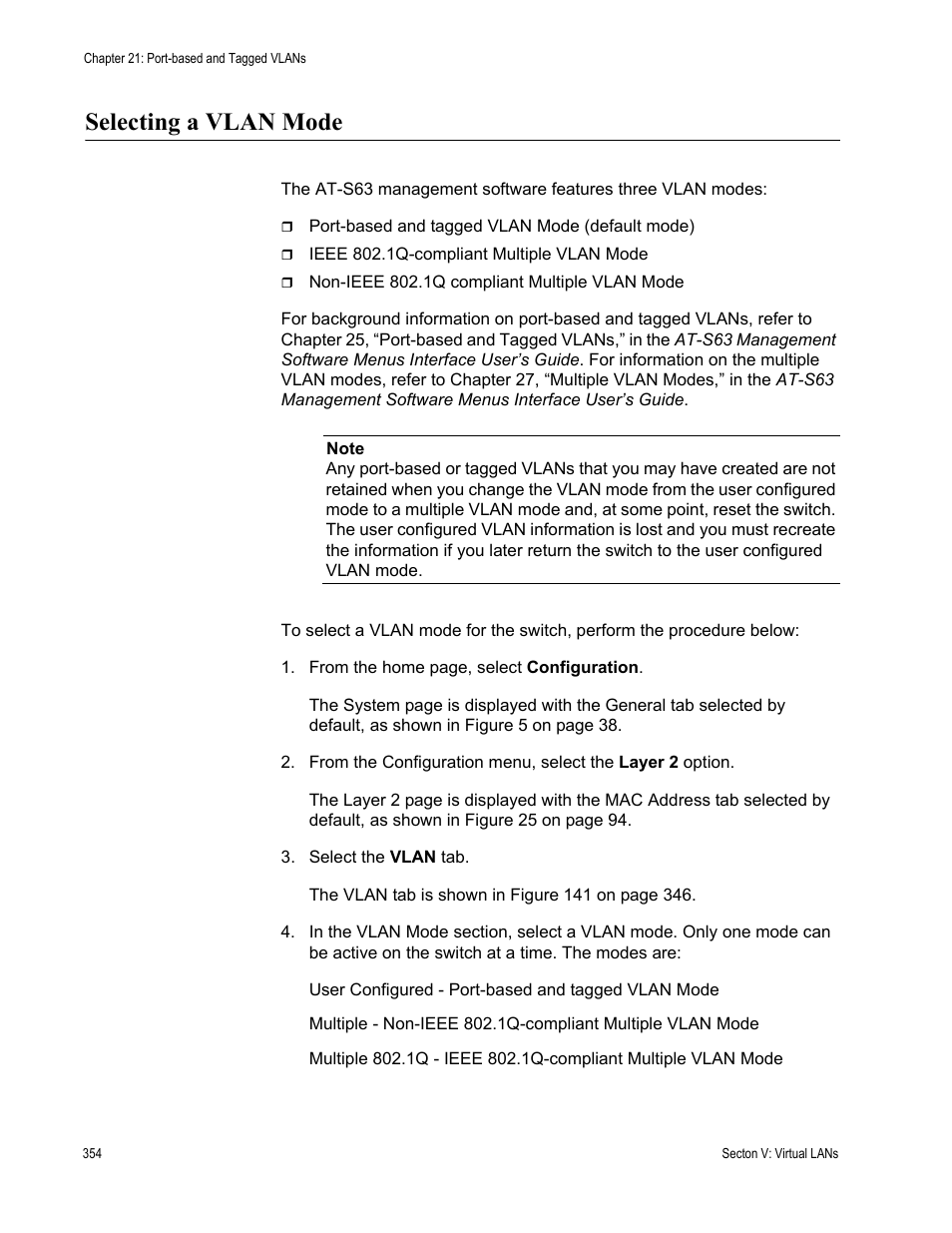 Selecting a vlan mode | Allied Telesis AT-S63 User Manual | Page 354 / 462