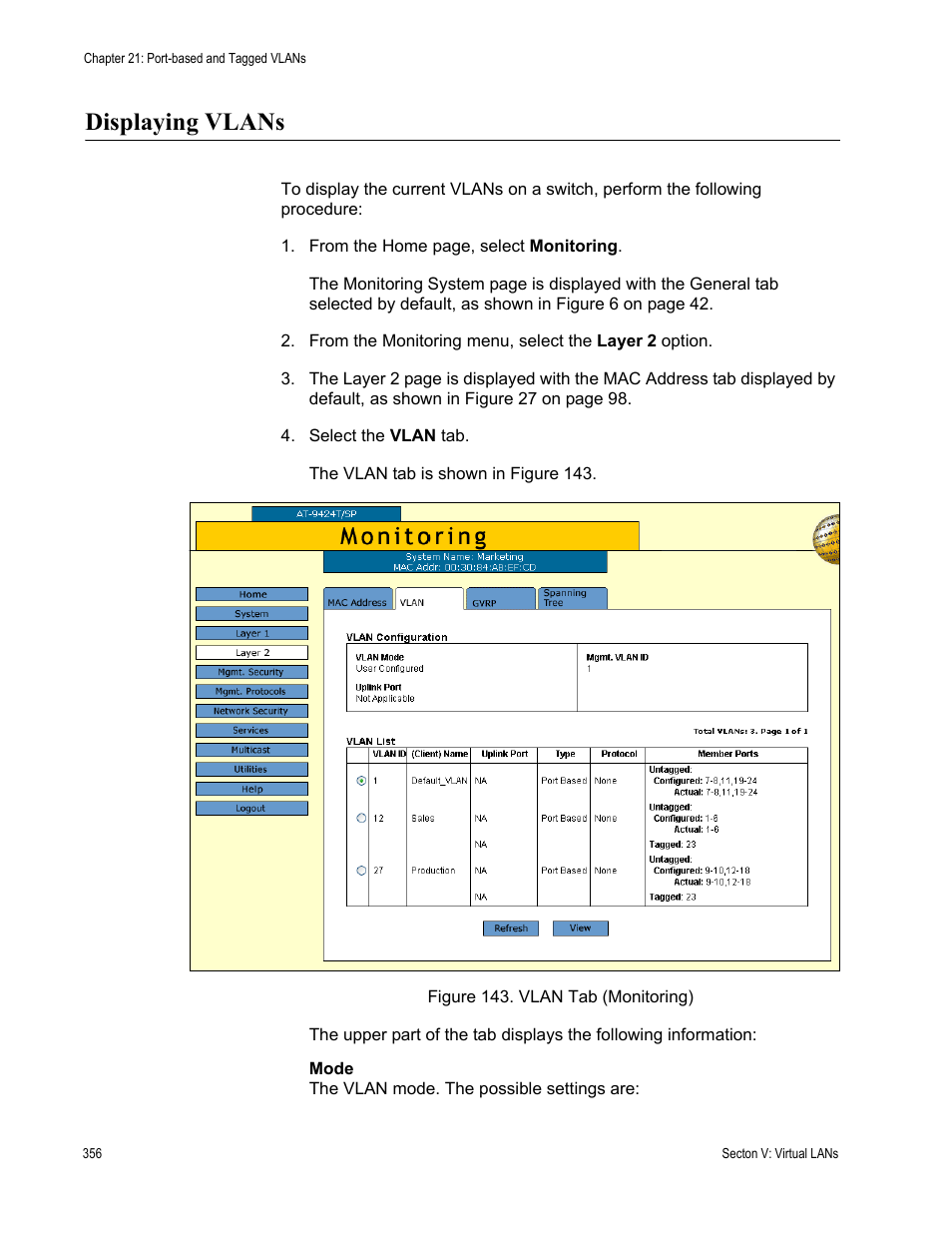 Displaying vlans, Figure 143: vlan tab (monitoring) | Allied Telesis AT-S63 User Manual | Page 356 / 462