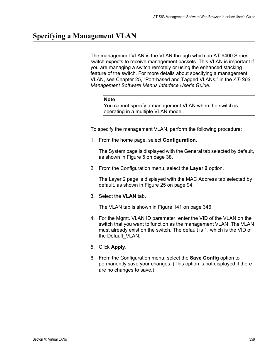 Specifying a management vlan | Allied Telesis AT-S63 User Manual | Page 359 / 462