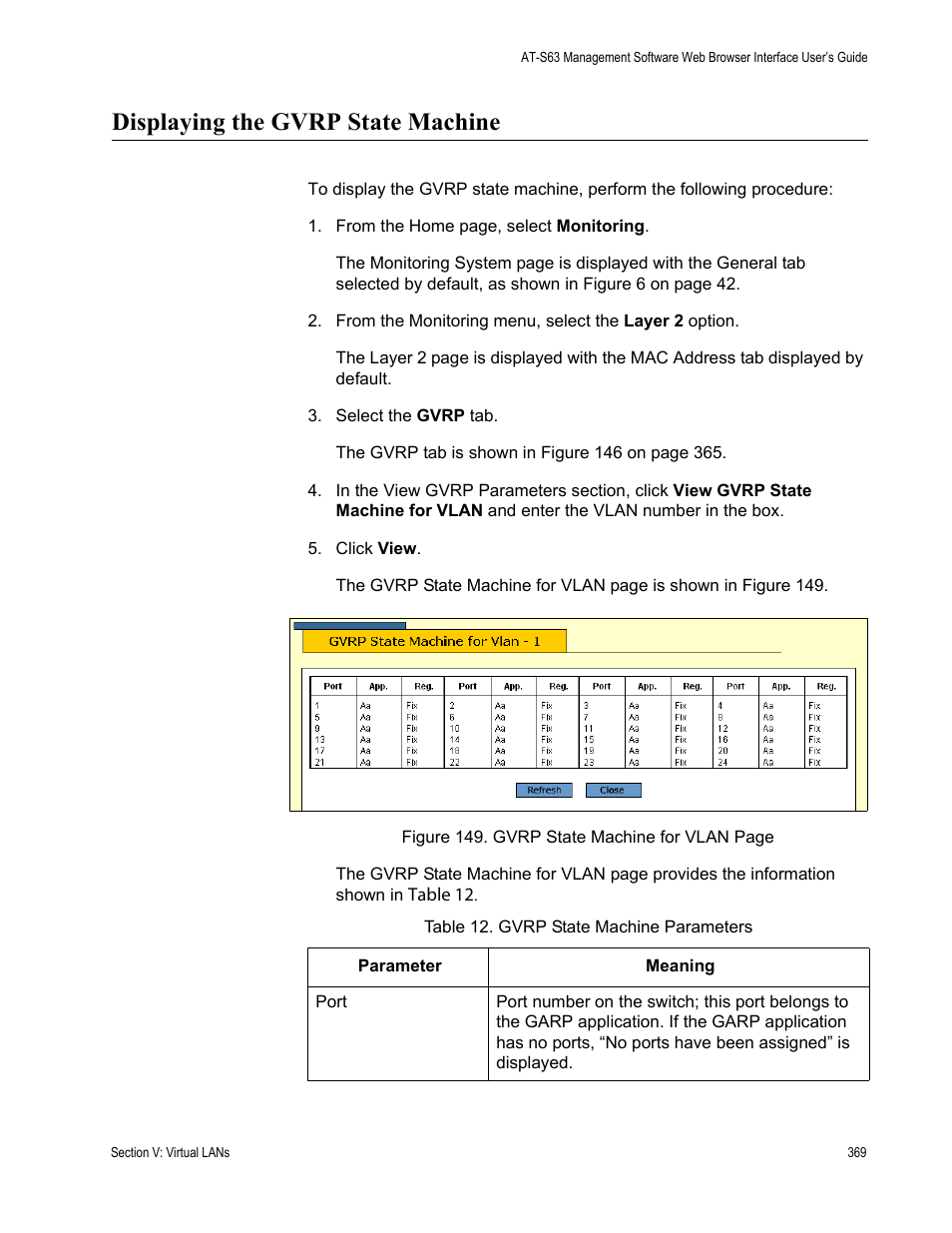 Displaying the gvrp state machine, Table 14: gvrp state machine parameters | Allied Telesis AT-S63 User Manual | Page 369 / 462
