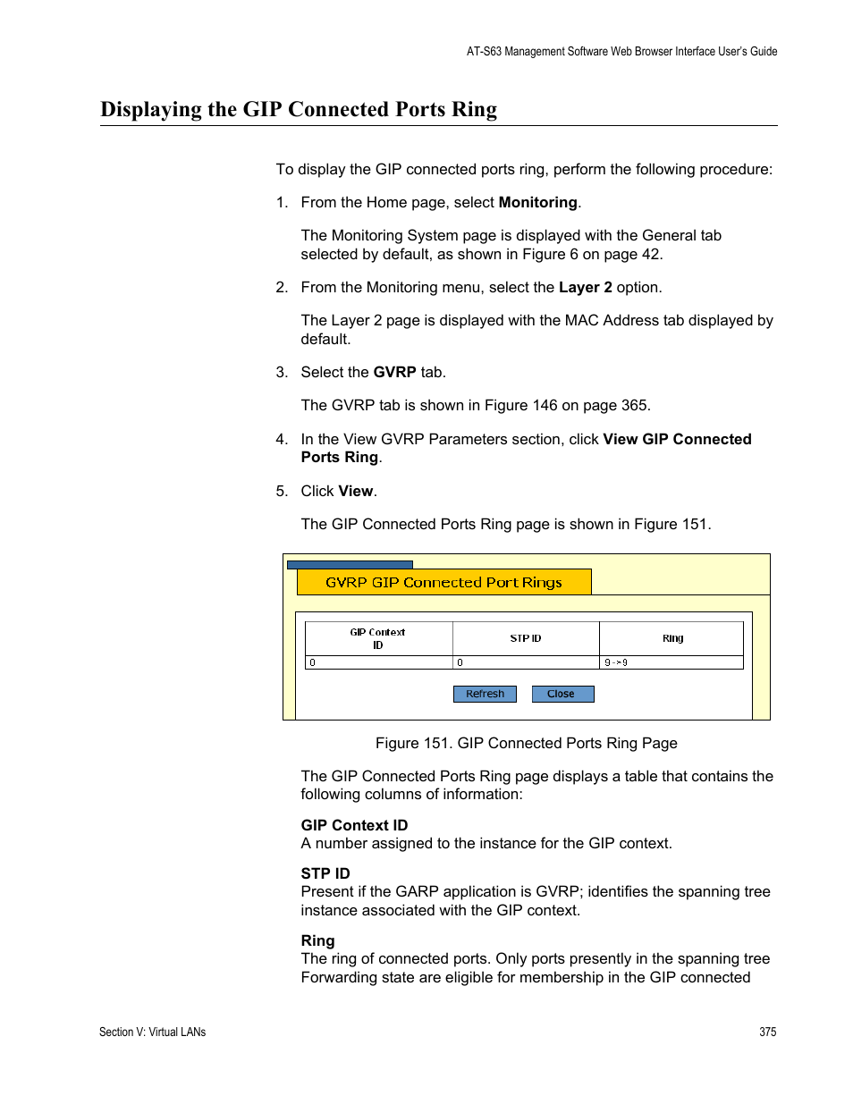 Displaying the gip connected ports ring | Allied Telesis AT-S63 User Manual | Page 375 / 462