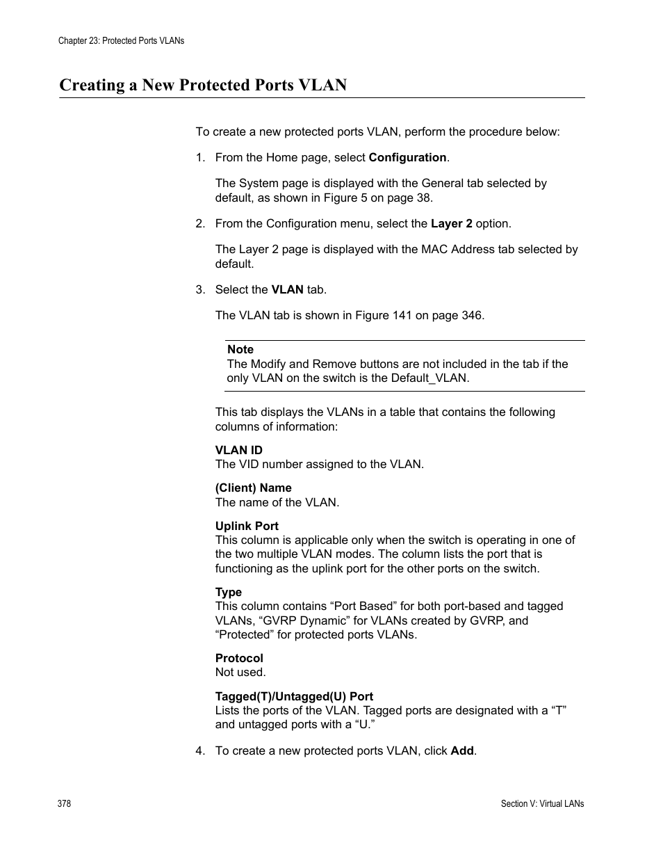 Creating a new protected ports vlan | Allied Telesis AT-S63 User Manual | Page 378 / 462
