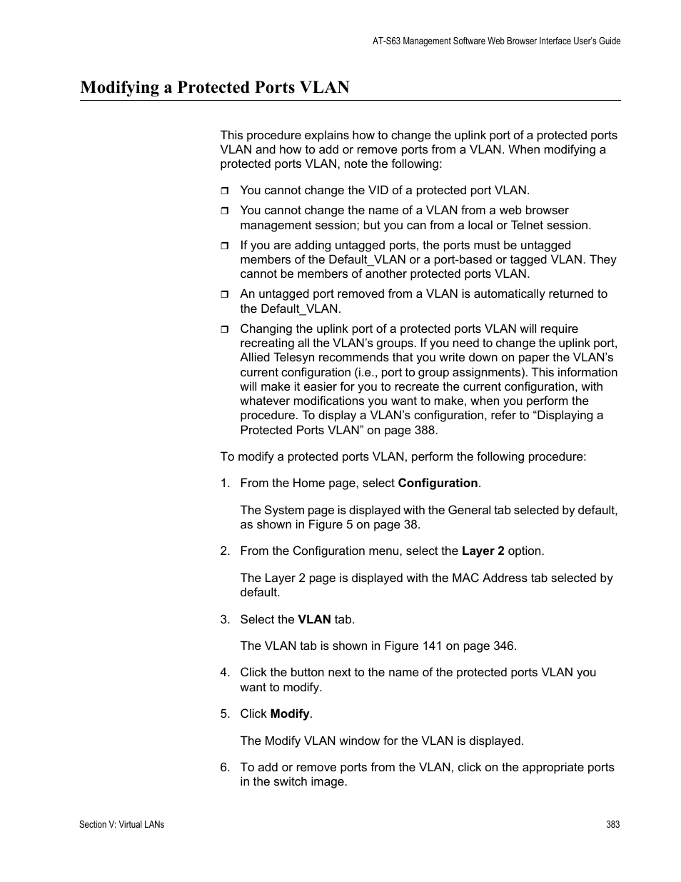 Modifying a protected ports vlan | Allied Telesis AT-S63 User Manual | Page 383 / 462