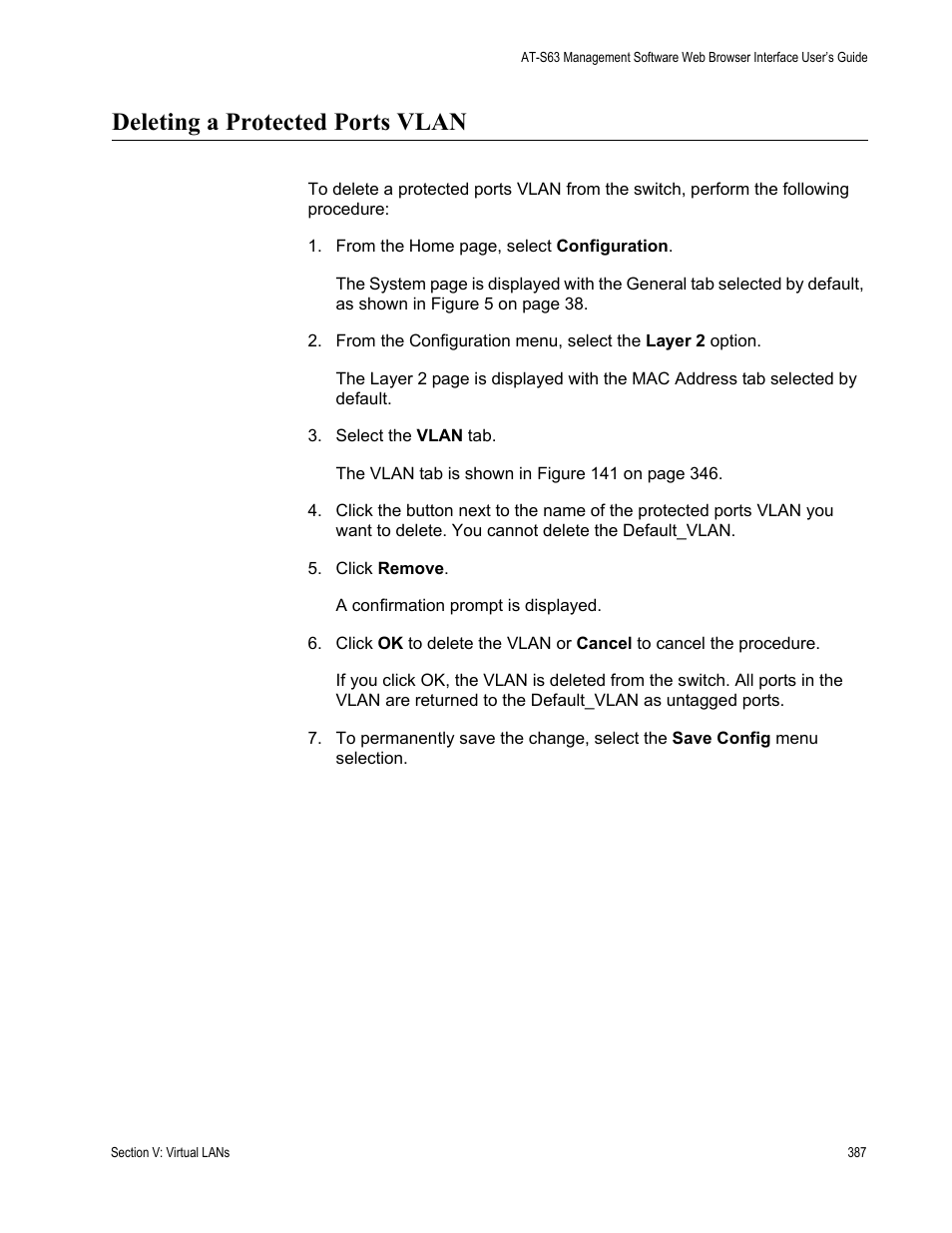 Deleting a protected ports vlan | Allied Telesis AT-S63 User Manual | Page 387 / 462