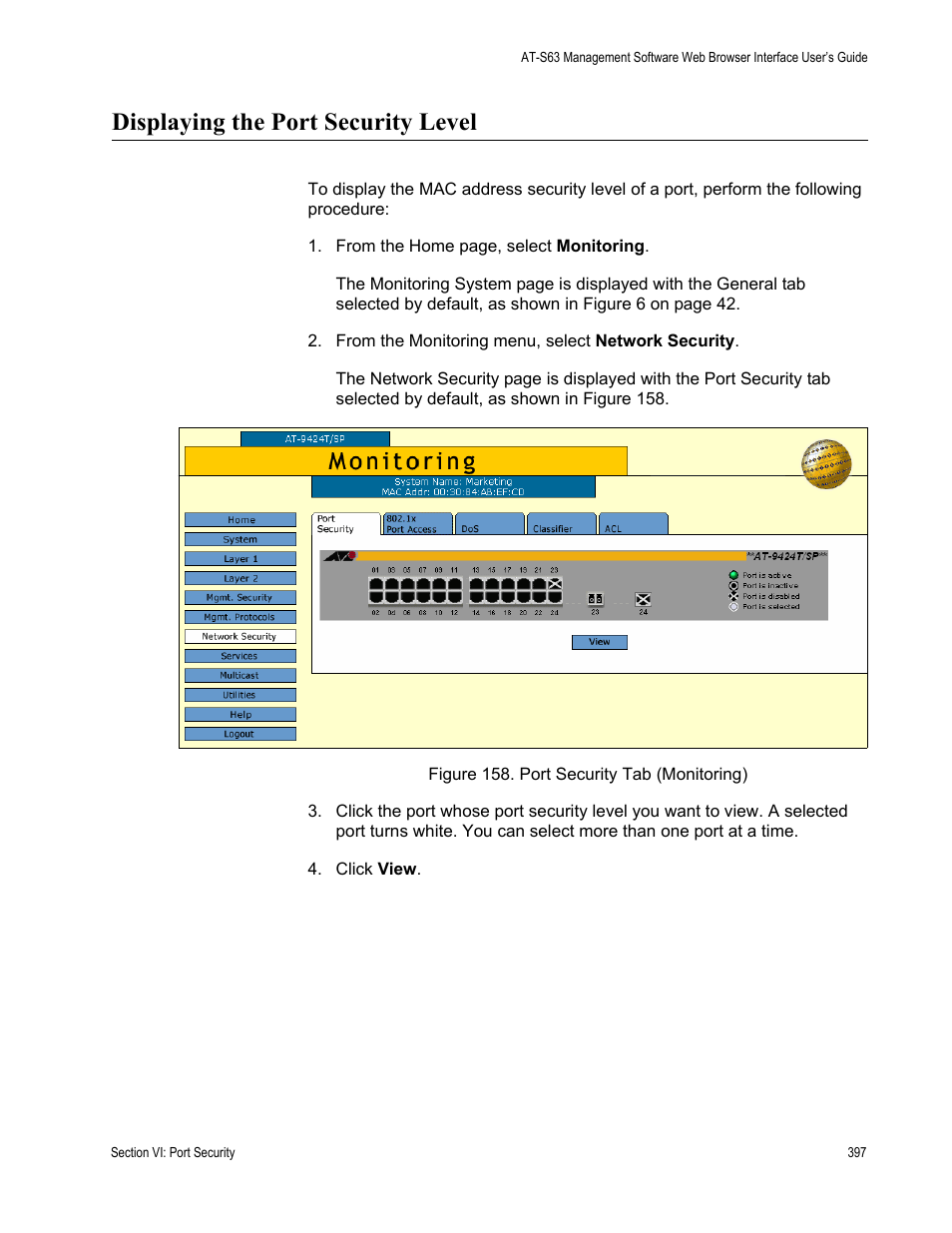 Displaying the port security level, Figure 158: port security tab (monitoring) | Allied Telesis AT-S63 User Manual | Page 397 / 462