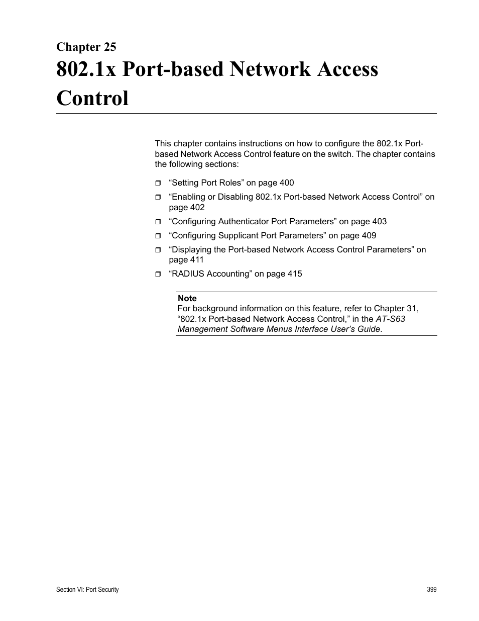 Chapter 25, 1x port-based network access control | Allied Telesis AT-S63 User Manual | Page 399 / 462