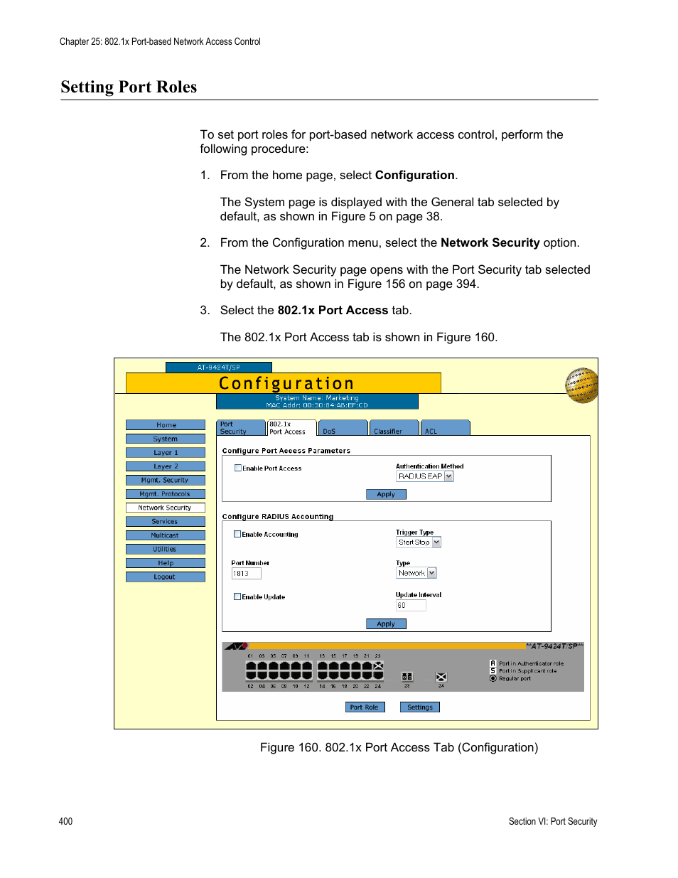 Setting port roles, Figure 160: 802.1x port access tab (configuration) | Allied Telesis AT-S63 User Manual | Page 400 / 462
