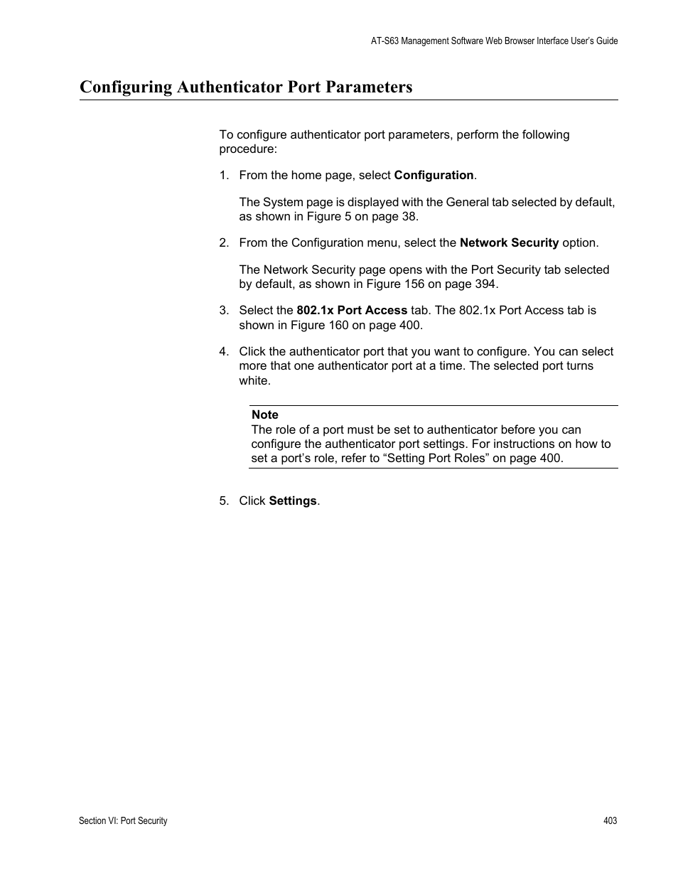 Configuring authenticator port parameters | Allied Telesis AT-S63 User Manual | Page 403 / 462