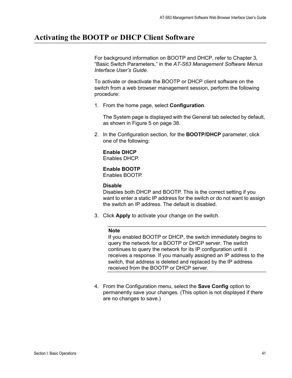 Activating the bootp or dhcp client software | Allied Telesis AT-S63 User Manual | Page 41 / 462