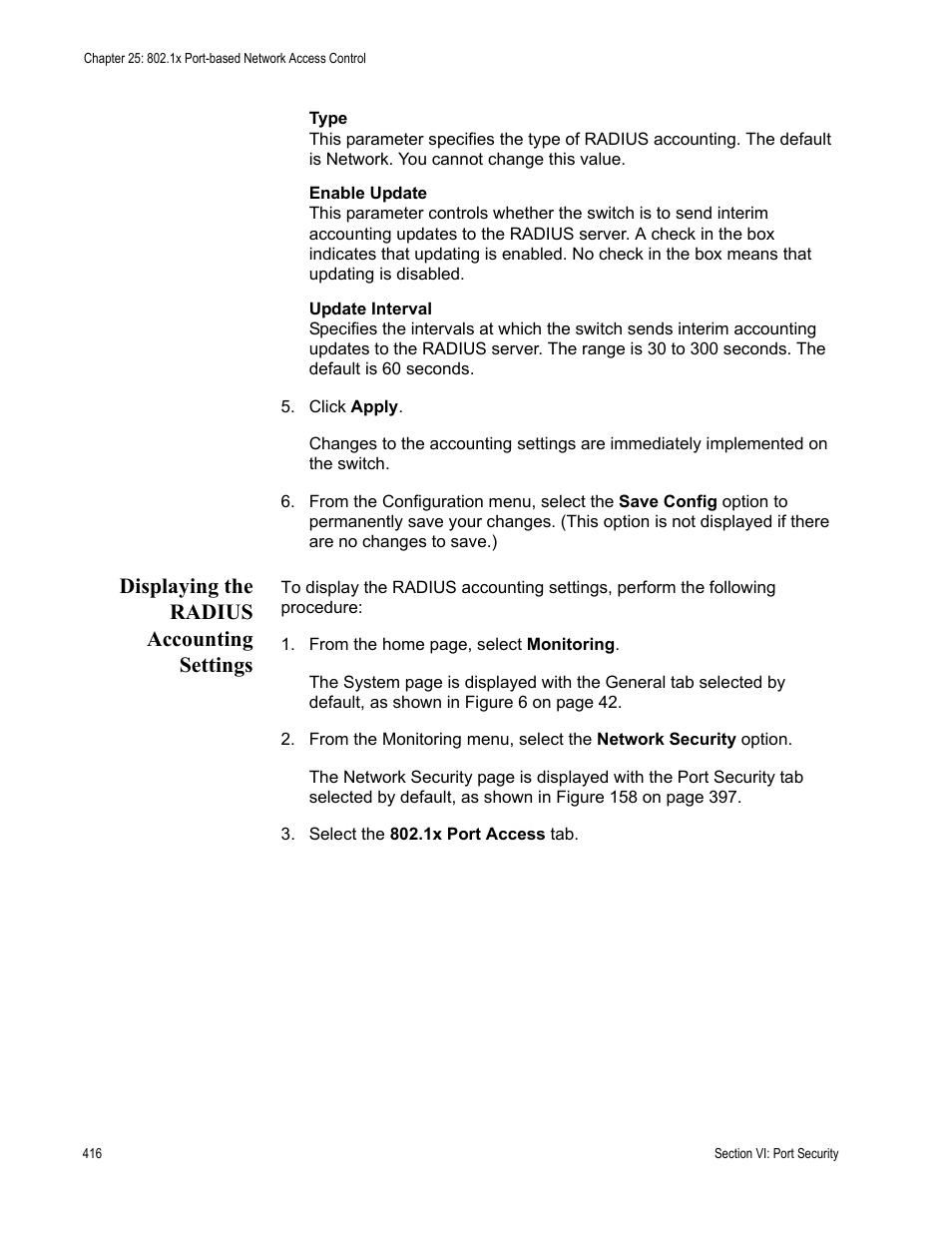 Displaying the radius accounting settings | Allied Telesis AT-S63 User Manual | Page 416 / 462