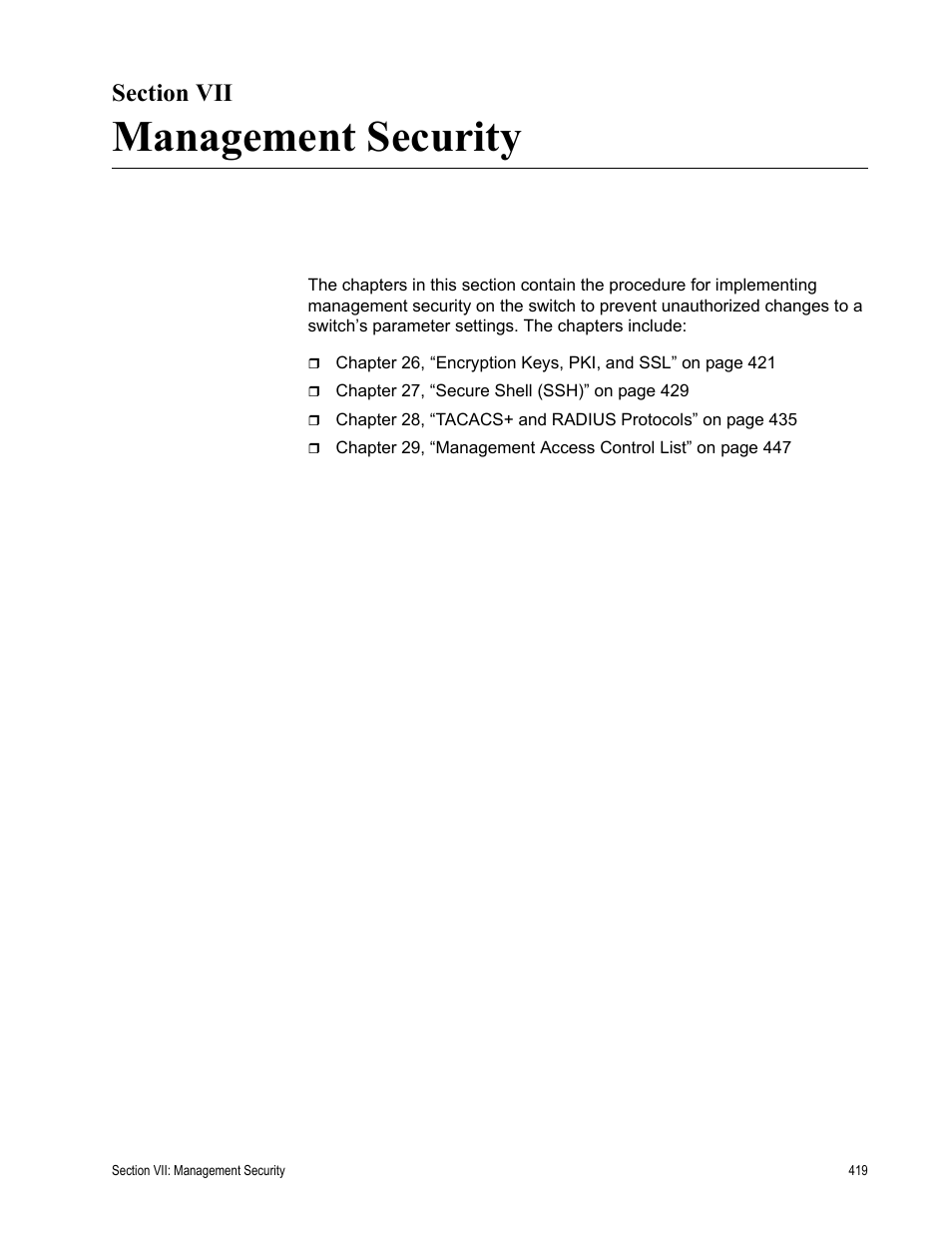 Section vii, Management security, Section vii: management security | Allied Telesis AT-S63 User Manual | Page 419 / 462