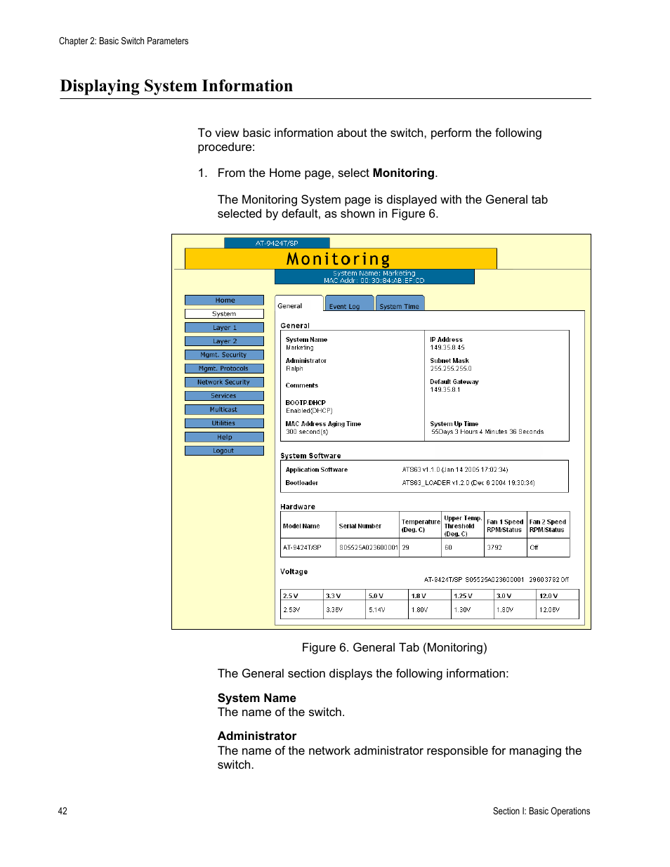 Displaying system information, Figure 6: general tab (monitoring) | Allied Telesis AT-S63 User Manual | Page 42 / 462