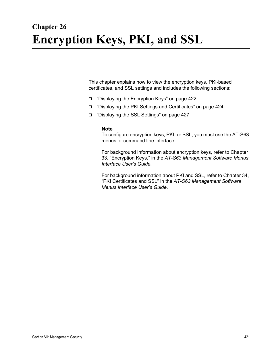 Chapter 26, Encryption keys, pki, and ssl, Chapter 26: encryption keys, pki, and ssl | Allied Telesis AT-S63 User Manual | Page 421 / 462