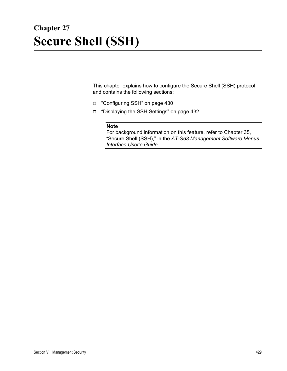Chapter 27, Secure shell (ssh), Chapter 27: secure shell (ssh) | Allied Telesis AT-S63 User Manual | Page 429 / 462