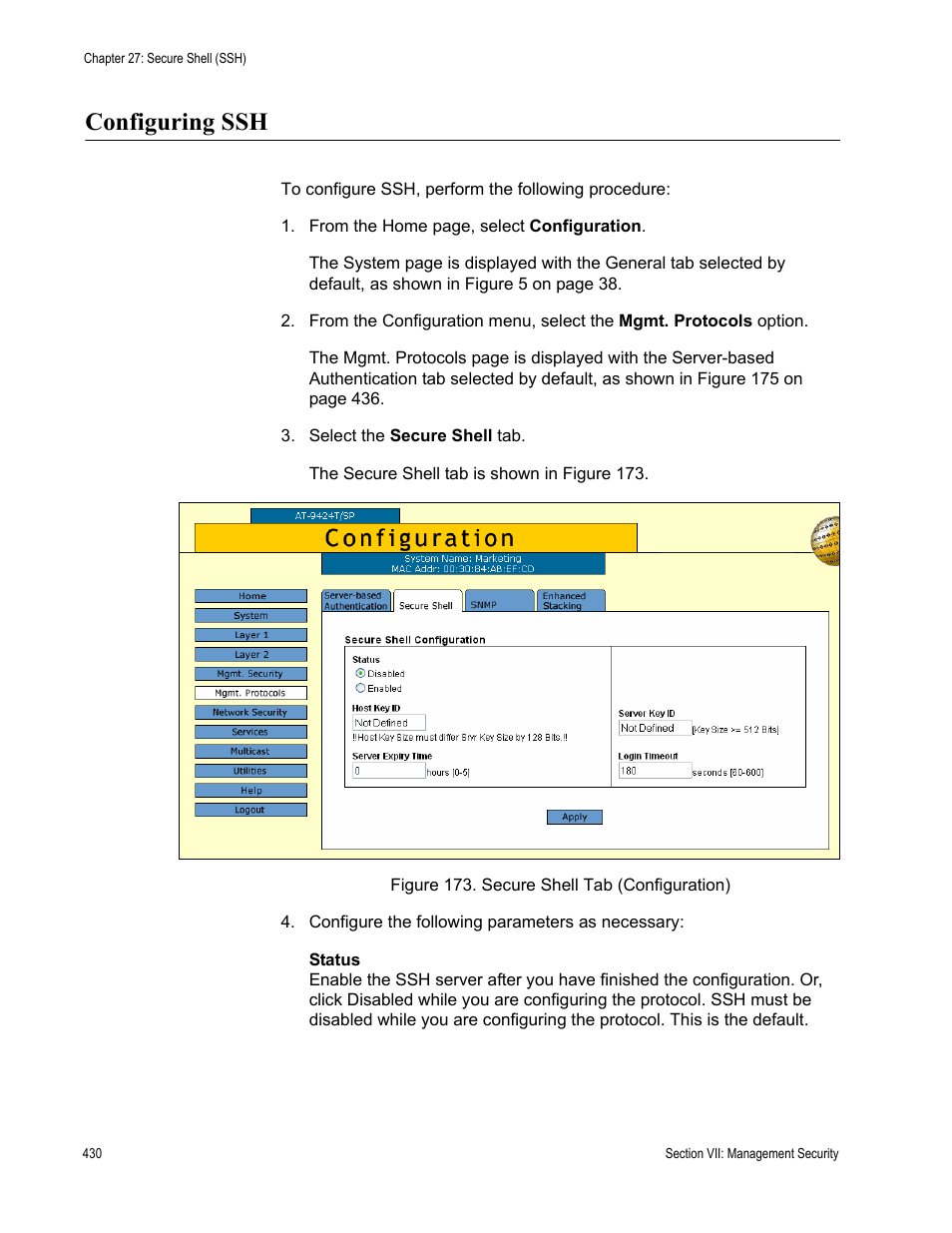 Configuring ssh, Figure 173: secure shell tab (configuration) | Allied Telesis AT-S63 User Manual | Page 430 / 462