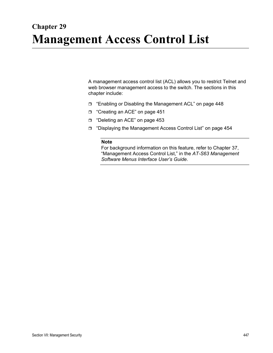 Chapter 29, Management access control list, Chapter 29: management access control list | Allied Telesis AT-S63 User Manual | Page 447 / 462