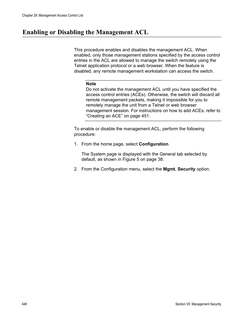 Enabling or disabling the management acl | Allied Telesis AT-S63 User Manual | Page 448 / 462
