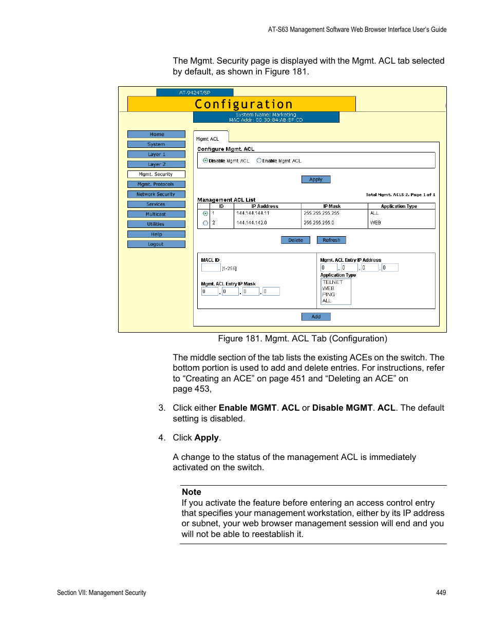 Figure 181: mgmt. acl tab (configuration) | Allied Telesis AT-S63 User Manual | Page 449 / 462