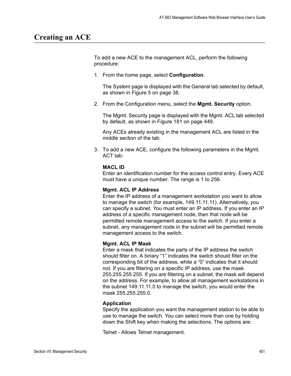 Creating an ace | Allied Telesis AT-S63 User Manual | Page 451 / 462