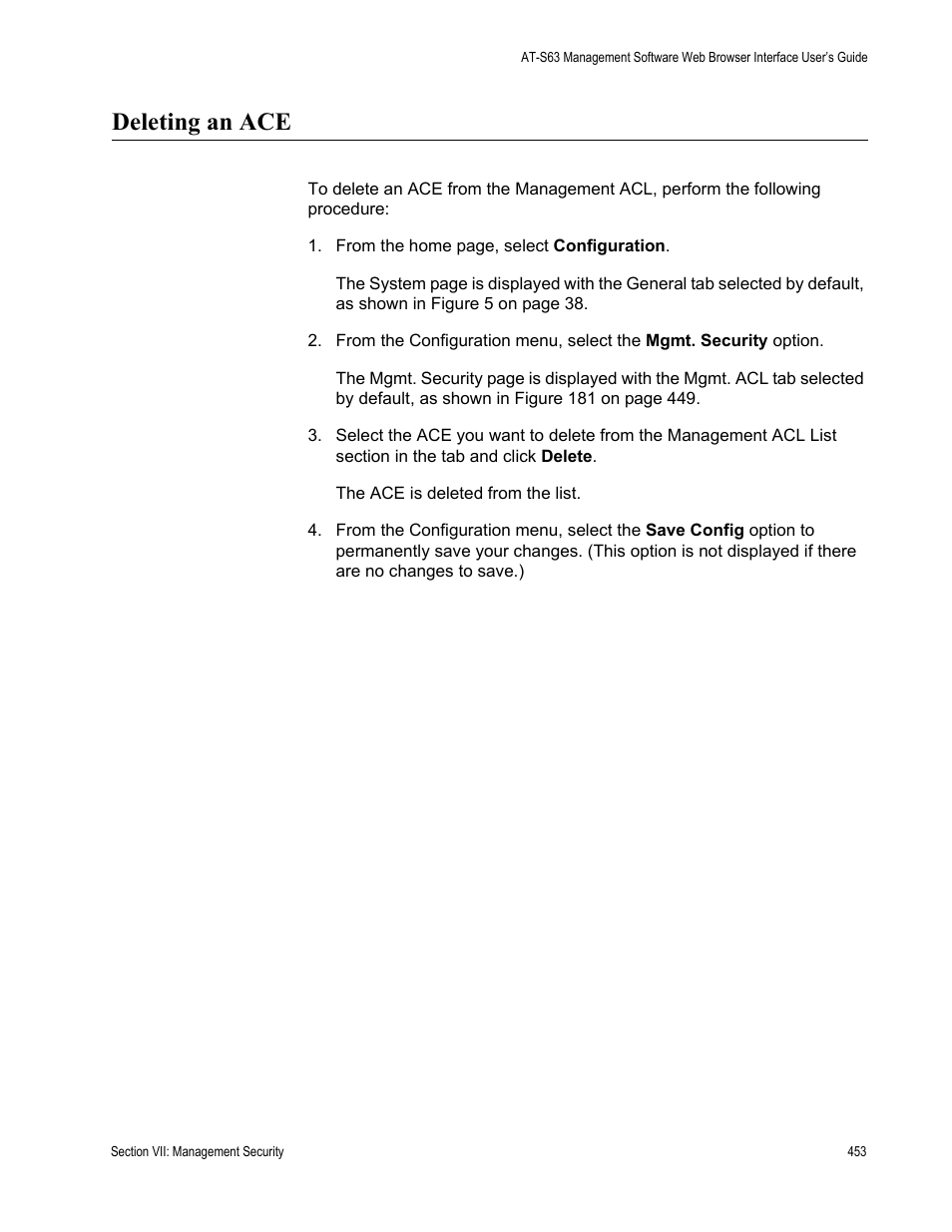 Deleting an ace | Allied Telesis AT-S63 User Manual | Page 453 / 462