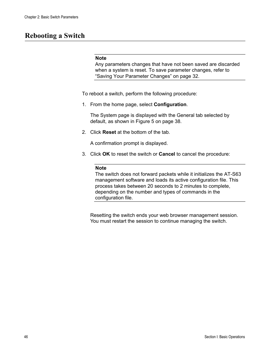 Rebooting a switch | Allied Telesis AT-S63 User Manual | Page 46 / 462