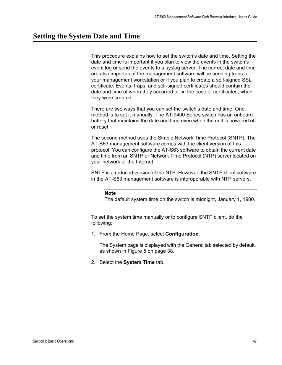 Setting the system date and time | Allied Telesis AT-S63 User Manual | Page 47 / 462