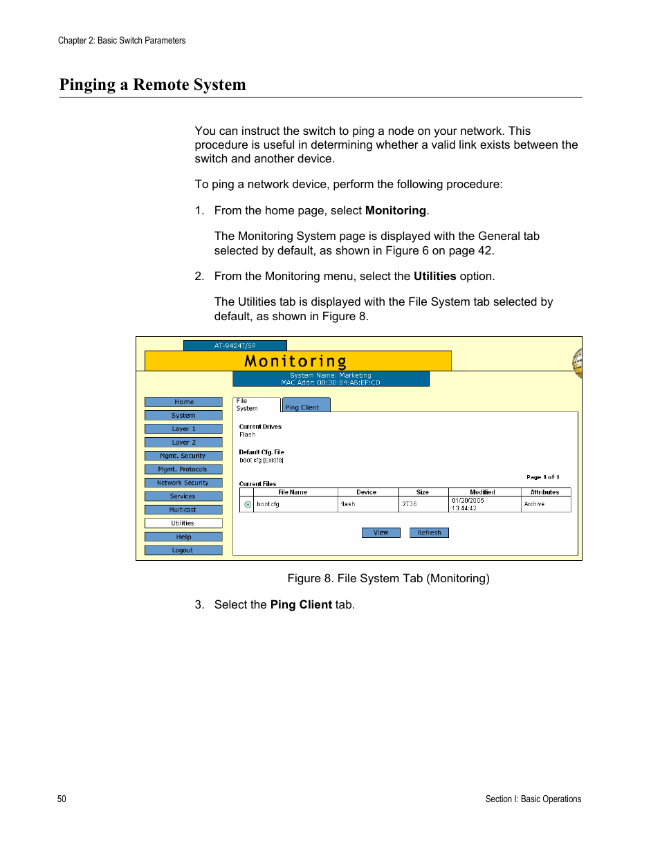 Pinging a remote system, Figure 8: file system tab (monitoring) | Allied Telesis AT-S63 User Manual | Page 50 / 462