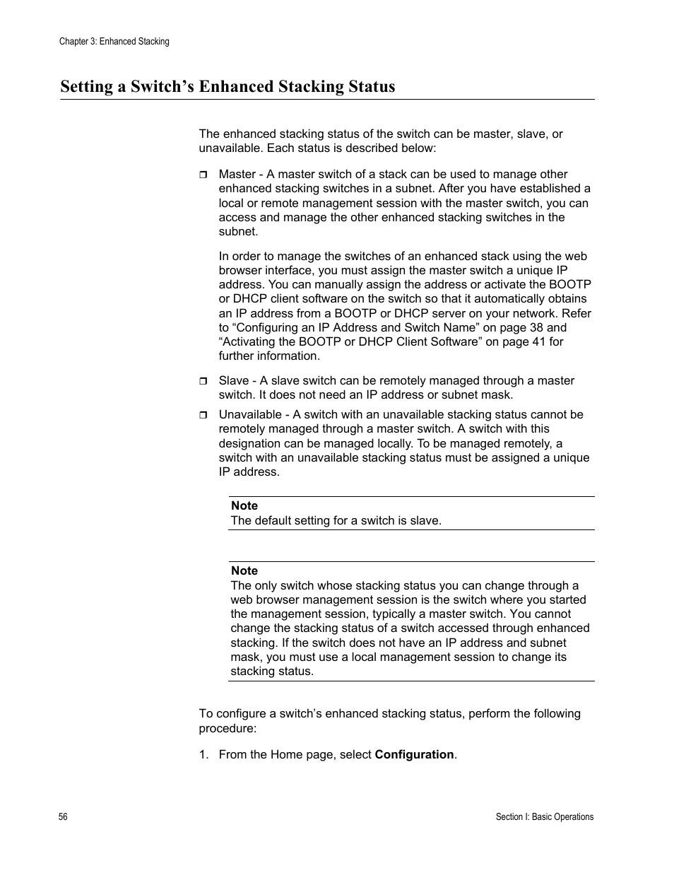Setting a switch’s enhanced stacking status | Allied Telesis AT-S63 User Manual | Page 56 / 462
