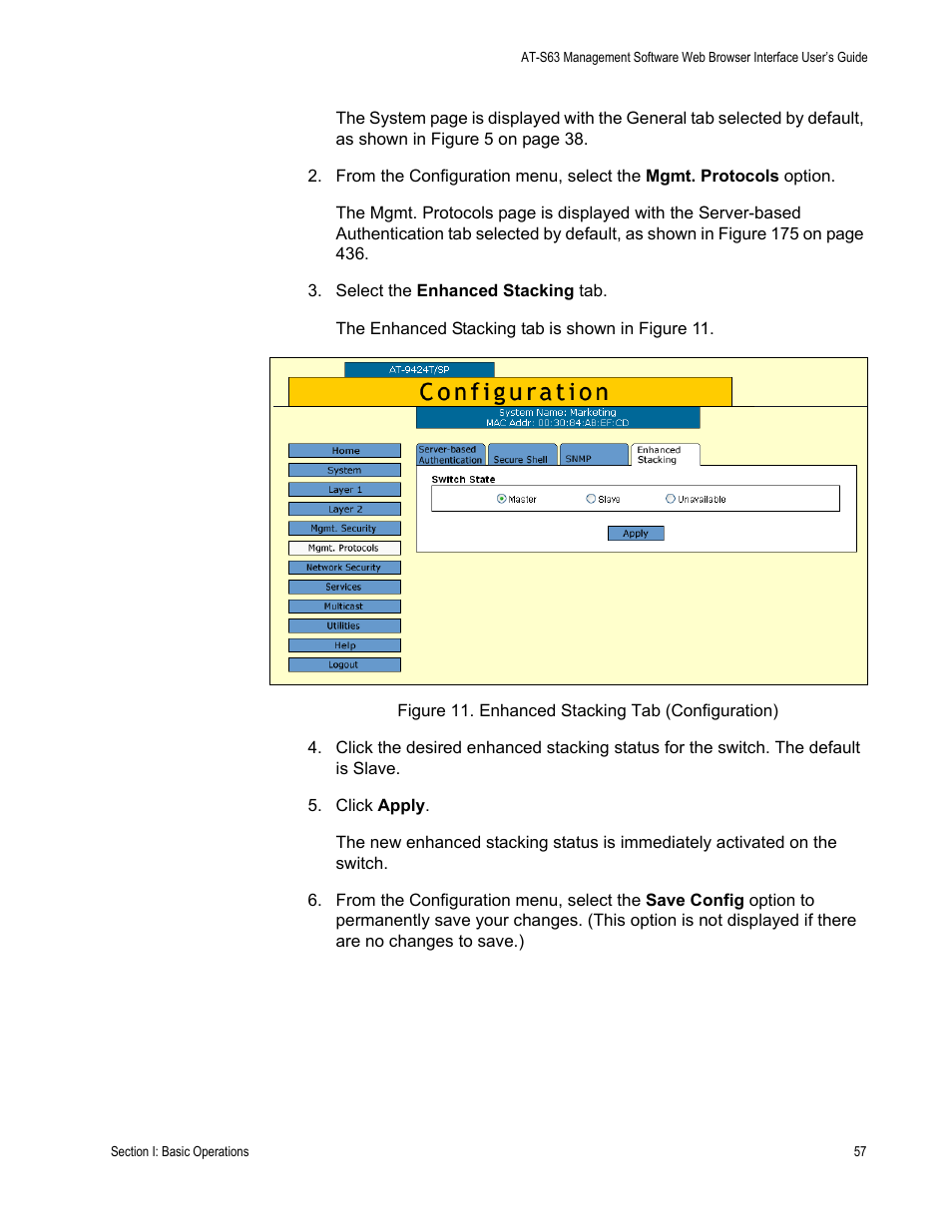 Figure 11: enhanced stacking tab (configuration) | Allied Telesis AT-S63 User Manual | Page 57 / 462
