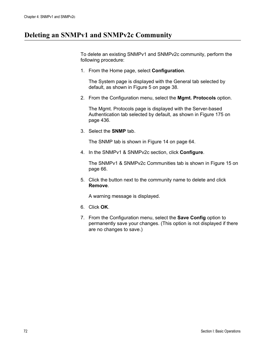 Deleting an snmpv1 and snmpv2c community | Allied Telesis AT-S63 User Manual | Page 72 / 462
