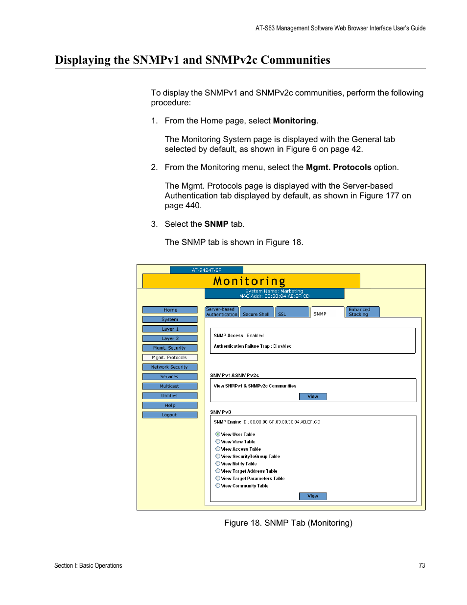 Displaying the snmpv1 and snmpv2c communities, Figure 18: snmp tab (monitoring) | Allied Telesis AT-S63 User Manual | Page 73 / 462