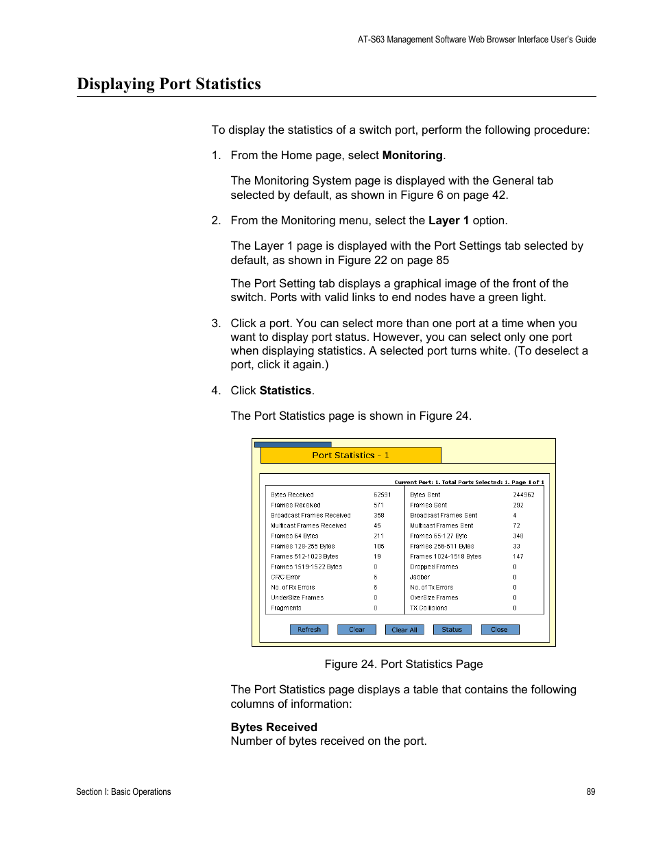 Displaying port statistics | Allied Telesis AT-S63 User Manual | Page 89 / 462
