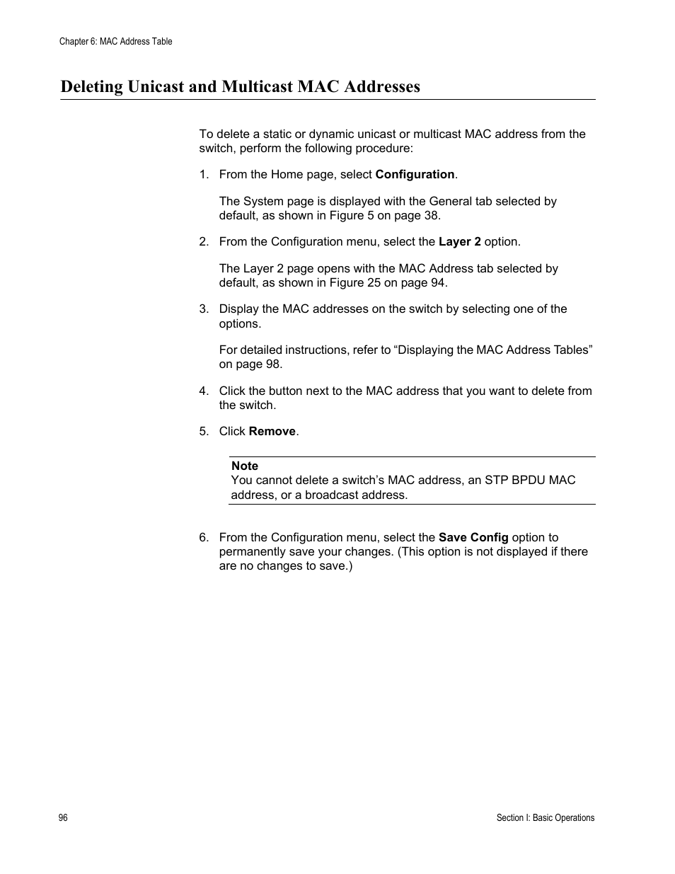 Deleting unicast and multicast mac addresses | Allied Telesis AT-S63 User Manual | Page 96 / 462