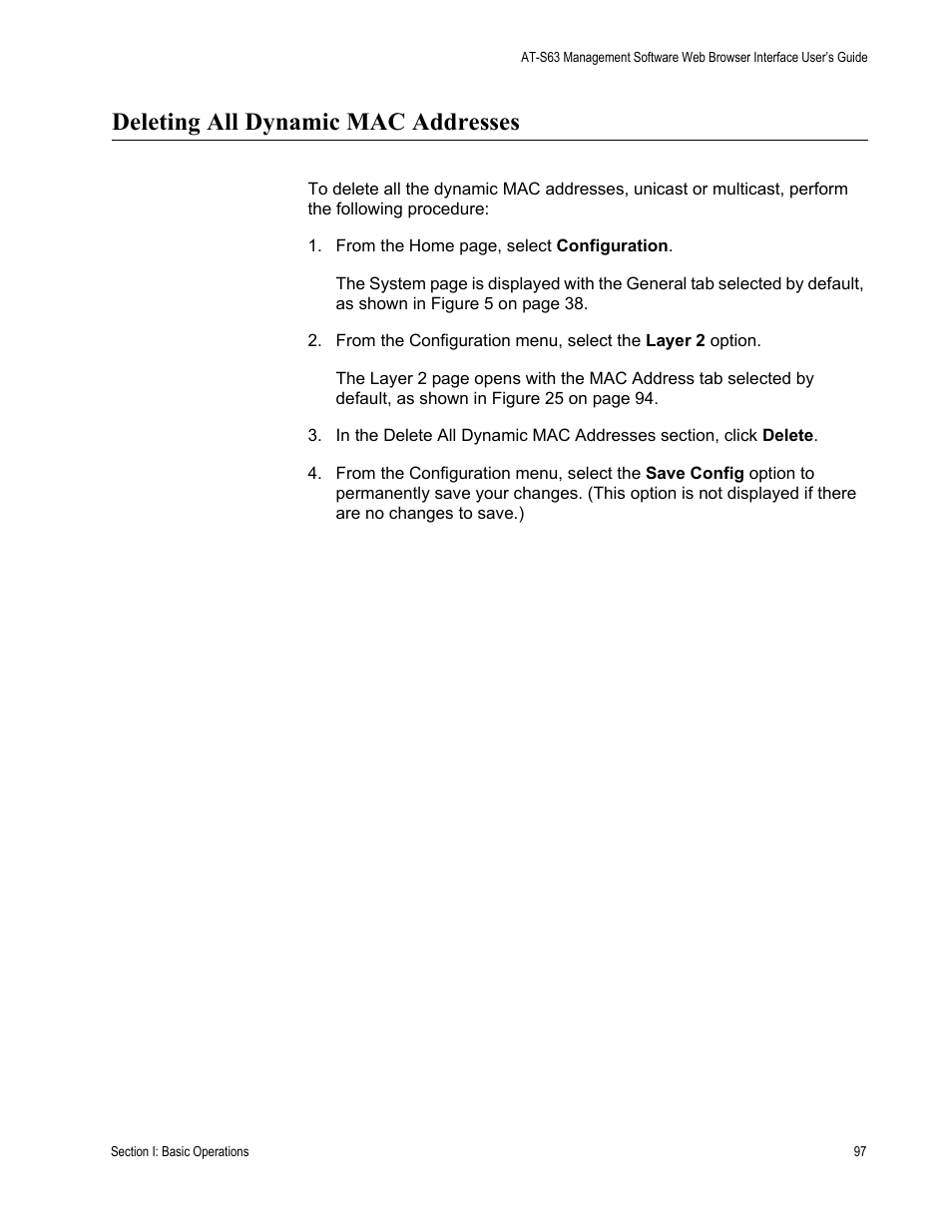 Deleting all dynamic mac addresses | Allied Telesis AT-S63 User Manual | Page 97 / 462
