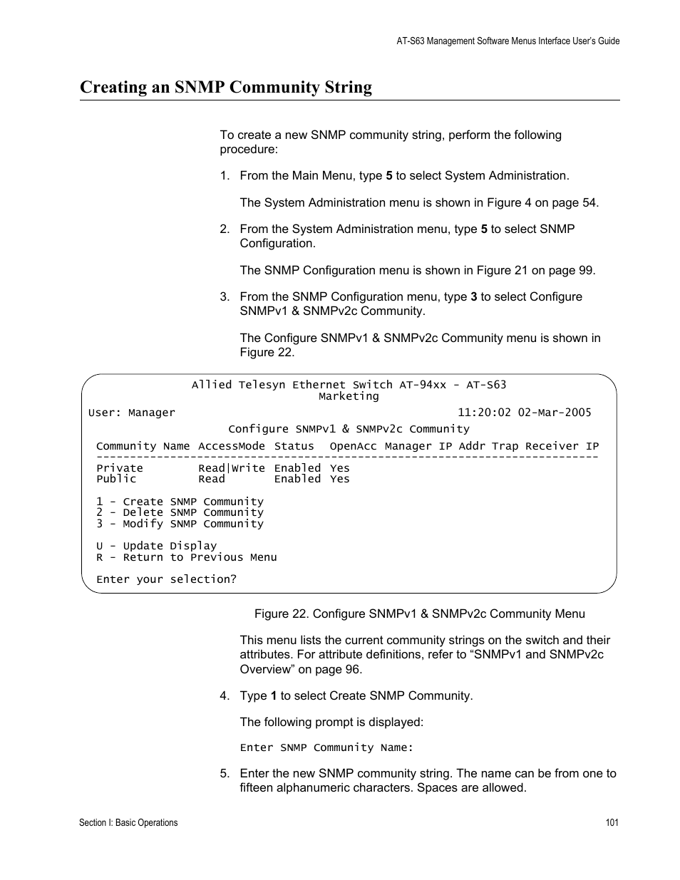 Creating an snmp community string | Allied Telesis AT-S63 User Manual | Page 101 / 908
