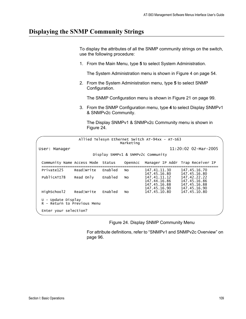 Displaying the snmp community strings, Figure 24: display snmp community menu | Allied Telesis AT-S63 User Manual | Page 109 / 908