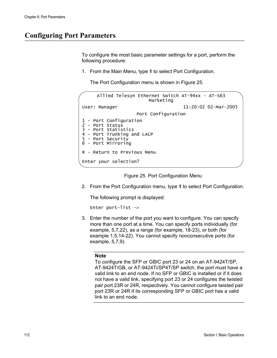 Configuring port parameters, Figure 25: port configuration menu | Allied Telesis AT-S63 User Manual | Page 112 / 908