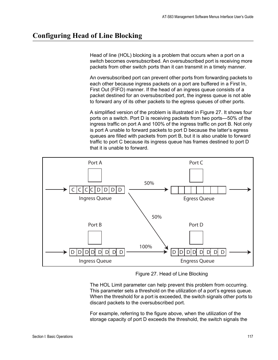 Configuring head of line blocking, Figure 27: head of line blocking | Allied Telesis AT-S63 User Manual | Page 117 / 908