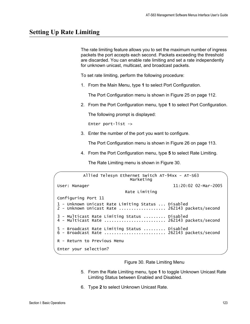 Setting up rate limiting, Figure 30: rate limiting menu | Allied Telesis AT-S63 User Manual | Page 123 / 908