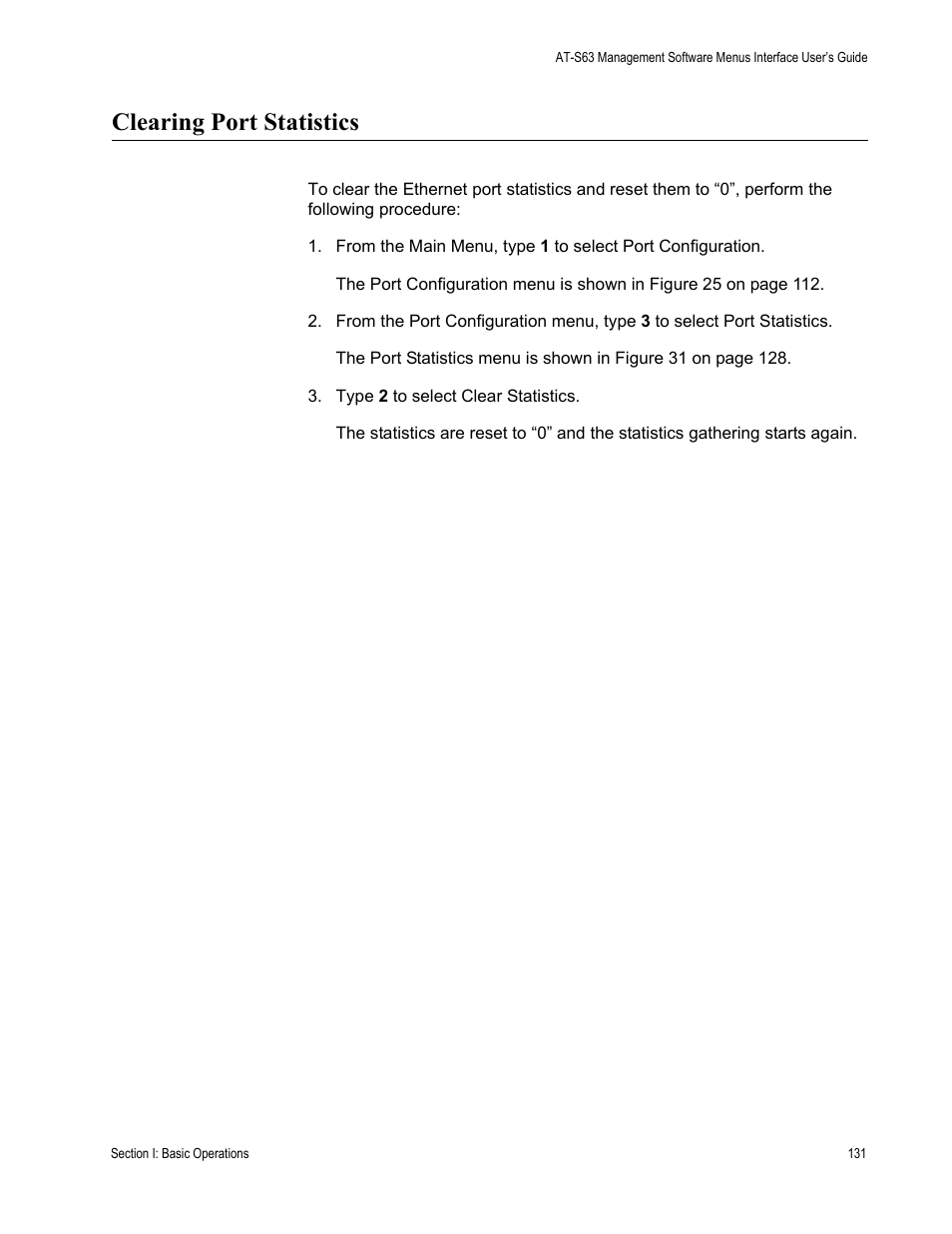 Clearing port statistics | Allied Telesis AT-S63 User Manual | Page 131 / 908