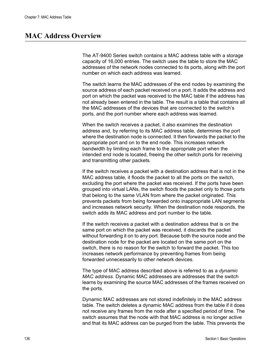 Mac address overview | Allied Telesis AT-S63 User Manual | Page 136 / 908