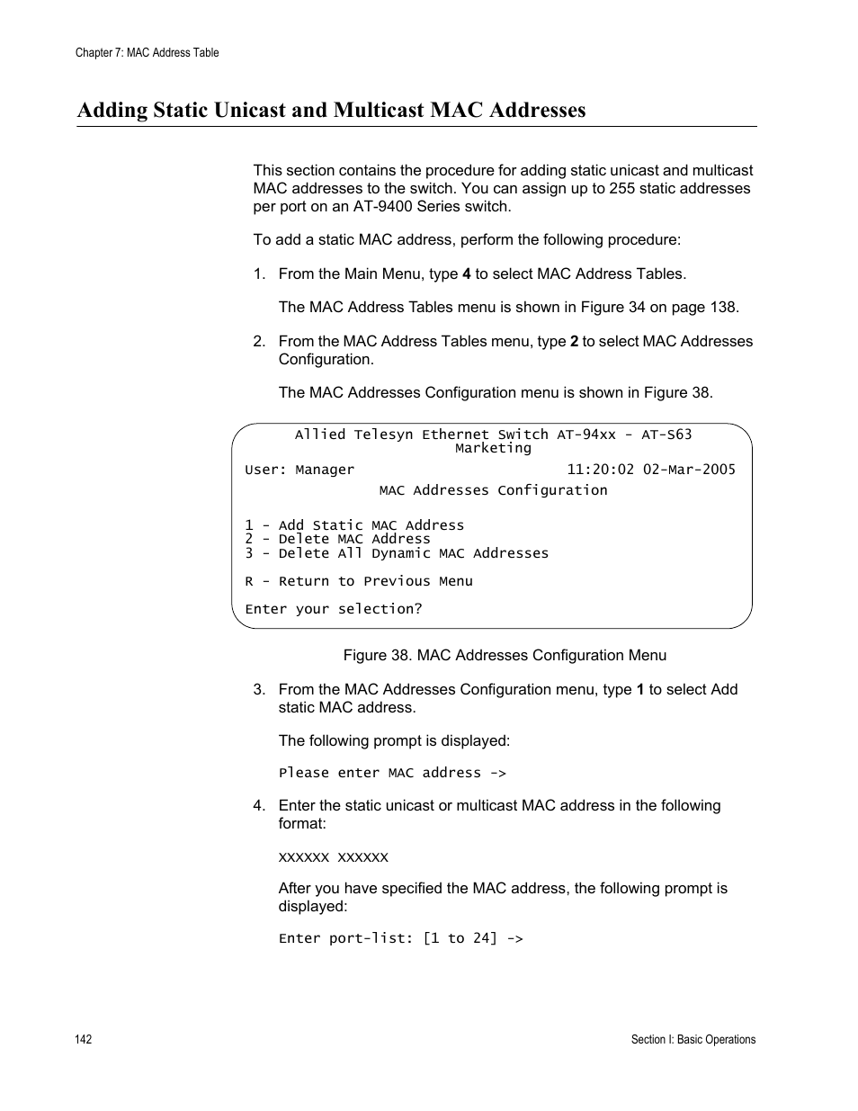 Adding static unicast and multicast mac addresses, Figure 38: mac addresses configuration menu | Allied Telesis AT-S63 User Manual | Page 142 / 908