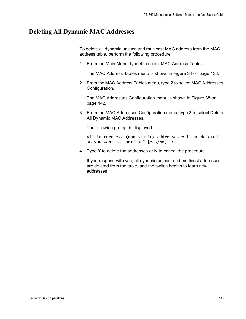 Deleting all dynamic mac addresses | Allied Telesis AT-S63 User Manual | Page 145 / 908