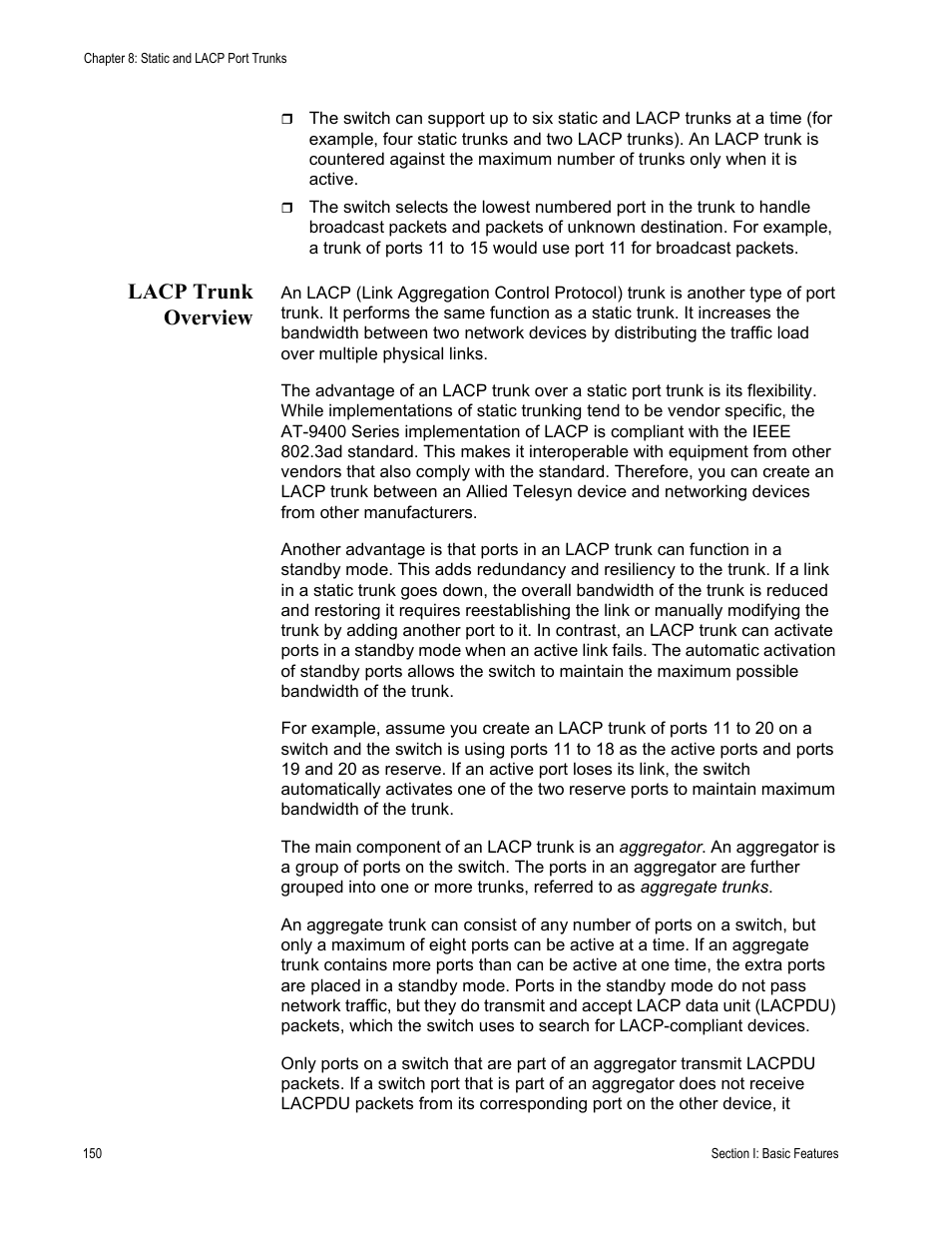 Lacp trunk overview | Allied Telesis AT-S63 User Manual | Page 150 / 908