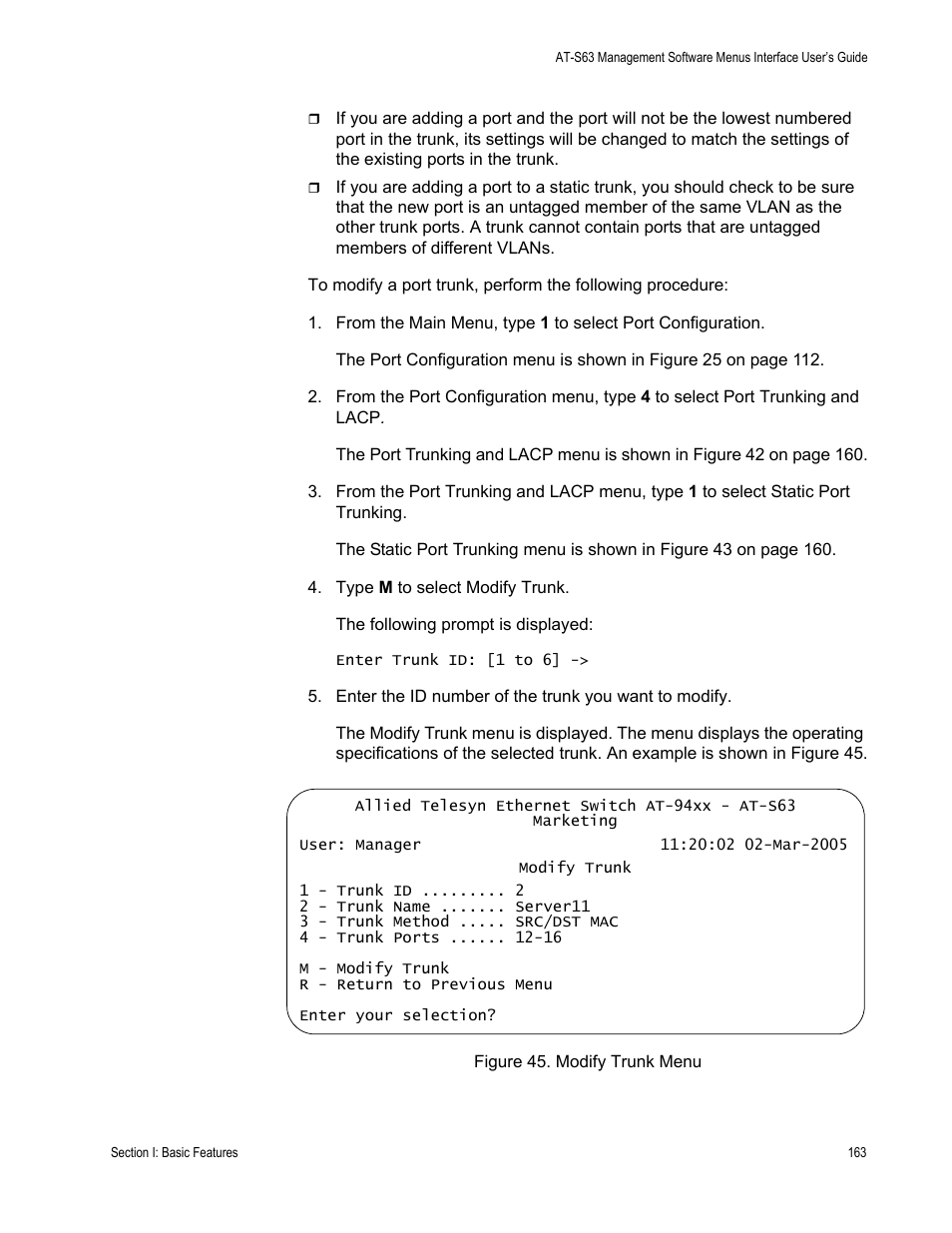 Figure 45: modify trunk menu | Allied Telesis AT-S63 User Manual | Page 163 / 908