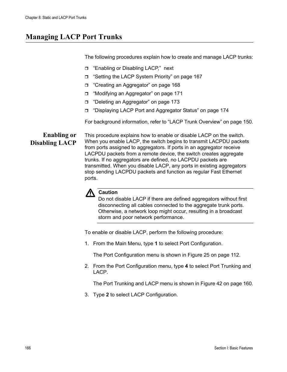 Managing lacp port trunks, Enabling or disabling lacp | Allied Telesis AT-S63 User Manual | Page 166 / 908