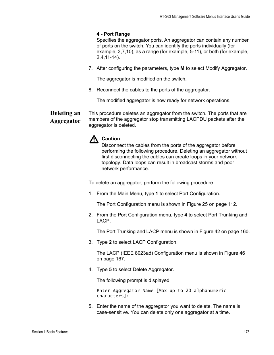 Deleting an aggregator | Allied Telesis AT-S63 User Manual | Page 173 / 908
